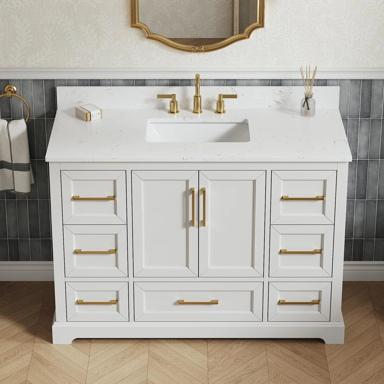 Deluxe Living 48" Bathroom Vanity with Marble Top, Fully-Assembled vanity with Ceramic Sink,Solid Wood Frame,Greige White