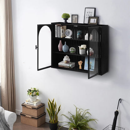 Two-door Wall Cabinet, Modern Kitchen Wall Mounted Cabinet with 2 Glass Doors, Two-tier Enclosed Storage, an Open Shelf, Towel Rack, Metal Wall Cabinet for Entryway, Living Room, Bathroom, White