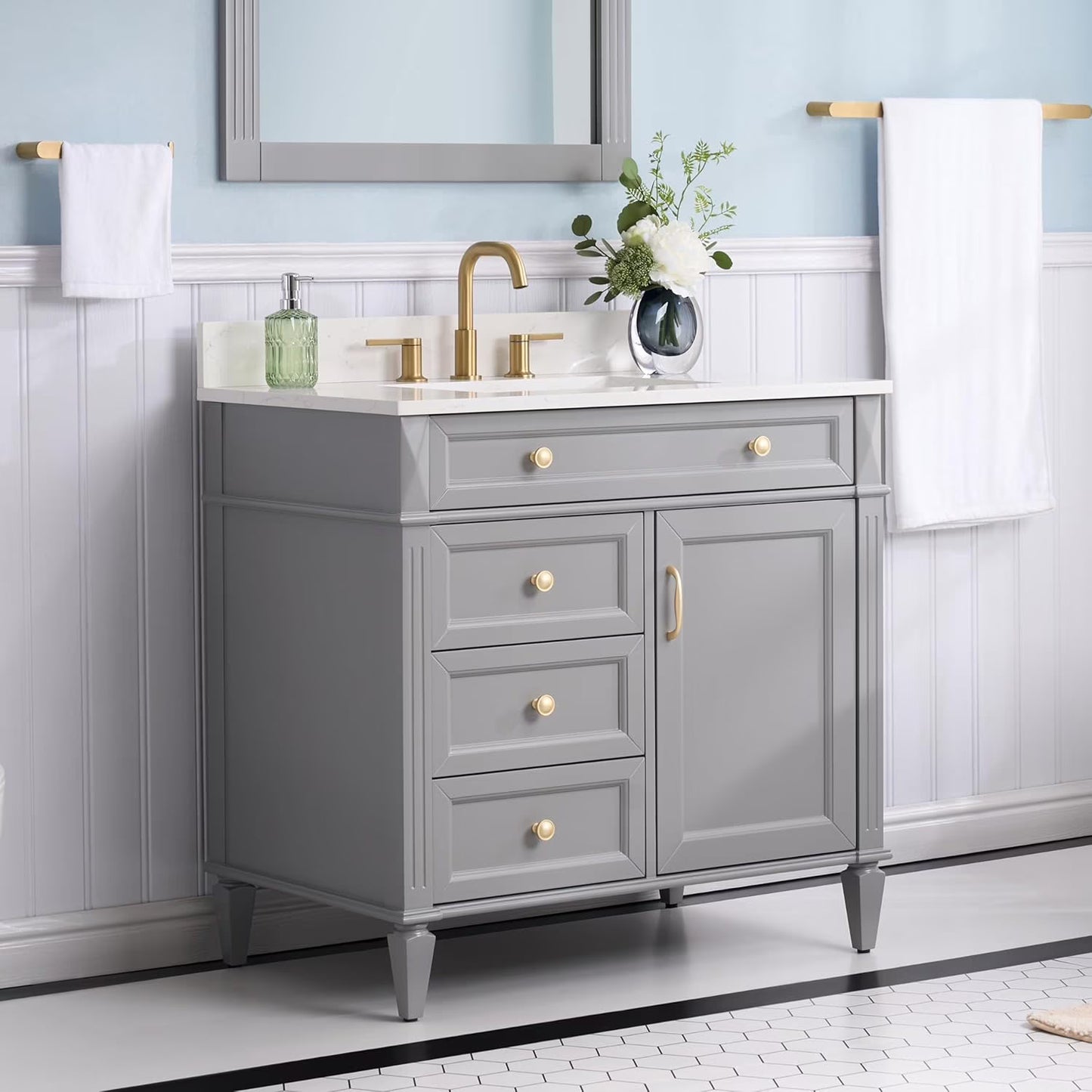 FORCLOVER 36" Bathroom Vanity with Sink Top Combo Set, Freestanding Solid Wood Bathroom Makeup Cabinet W/ 1 Soft-Close Door and 3 Soft-Close Drawers, Carrara White Quartz Countertop, Grey