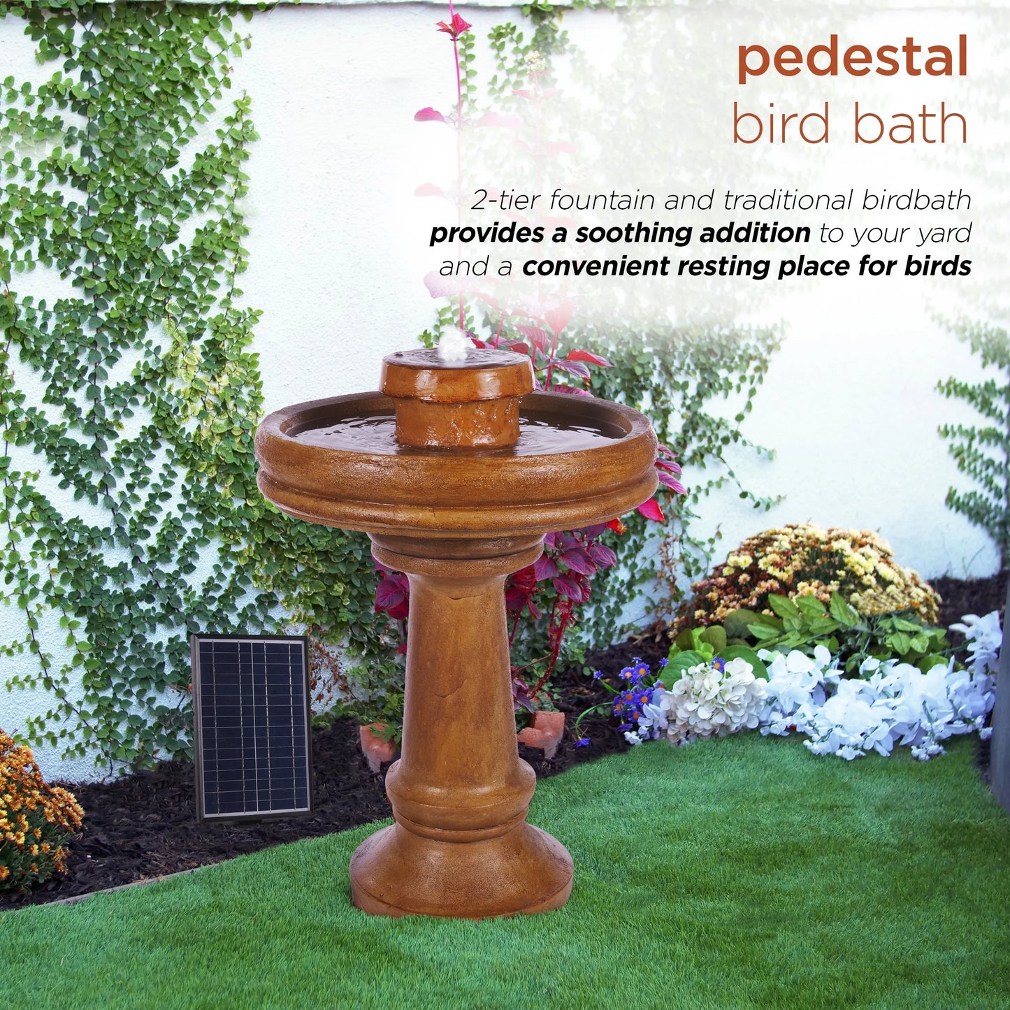Alpine Corporation 29" Outdoor Birdbath Fountain with LED Lights Classic Pedestal Solar-Powered Garden Water Feature, Brown