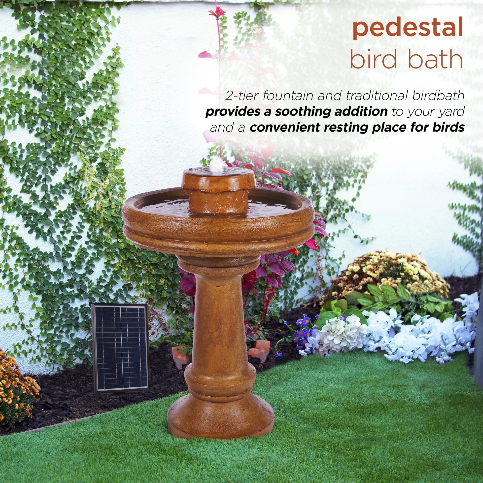 Alpine Corporation 29" Outdoor Birdbath Fountain with LED Lights Classic Pedestal Solar-Powered Garden Water Feature, Brown