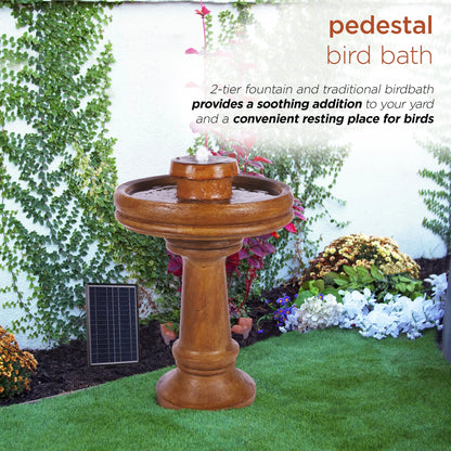 Alpine Corporation 29" Outdoor Birdbath Fountain with LED Lights Classic Pedestal Solar-Powered Garden Water Feature, Brown