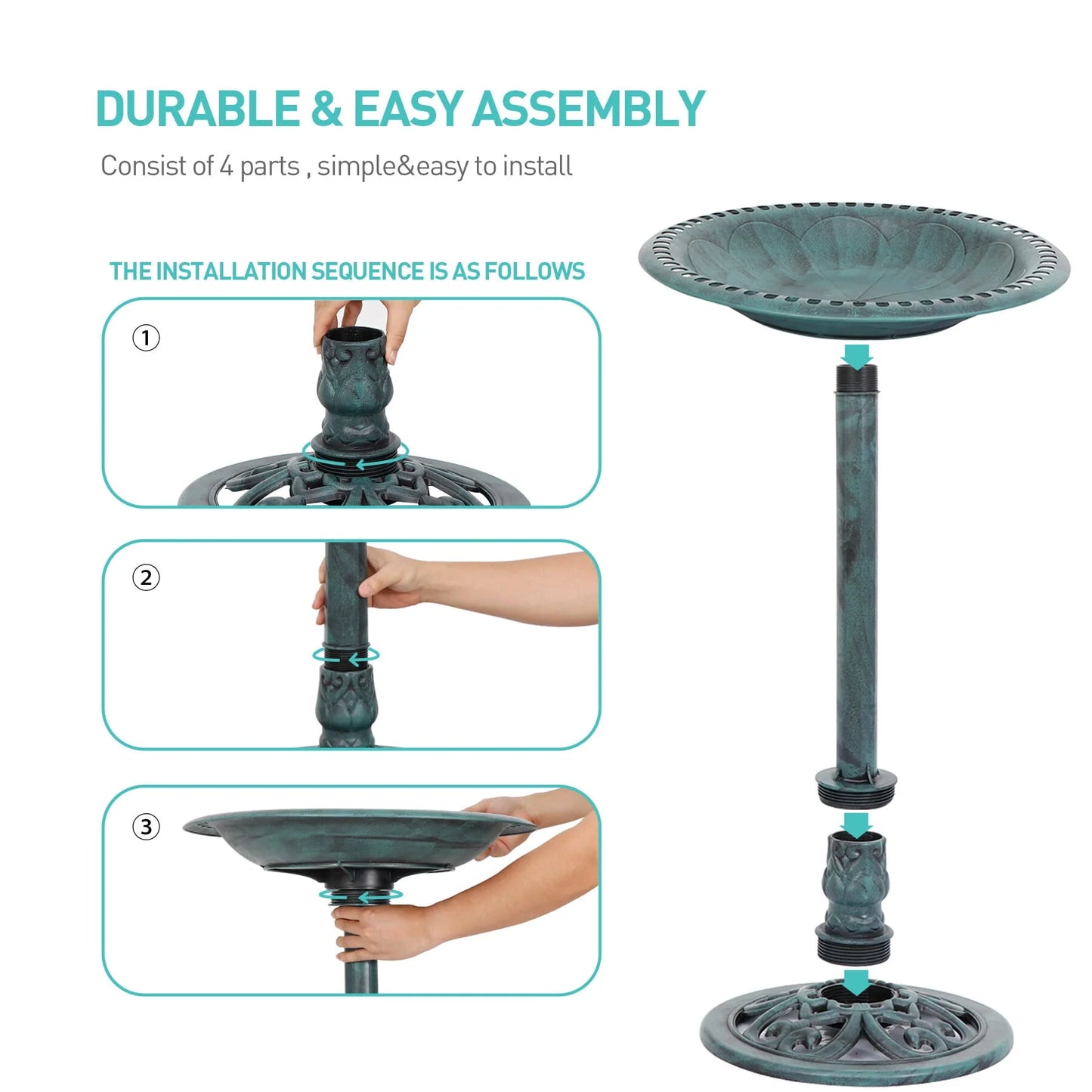 HomGarden 28" Vintage Bird Bath Antique Green Birdbath Outdoor Garden Backyard Dcor