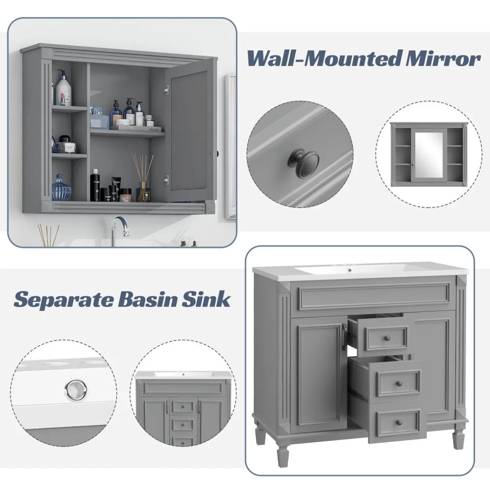 36'' Bathroom Vanity Set, Undermount Bathroom Cabinet and Mirror Cabinet, Ceramic Sink Top, Storage Cabinet with 2 Soft Closing Doors and 2 Drawers, Vanity Cabinet Set, Suit for 4'' Faucet, Gray