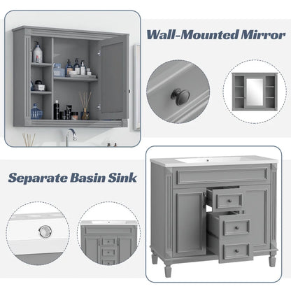 36'' Bathroom Vanity Set, Undermount Bathroom Cabinet and Mirror Cabinet, Ceramic Sink Top, Storage Cabinet with 2 Soft Closing Doors and 2 Drawers, Vanity Cabinet Set, Suit for 4'' Faucet, Gray