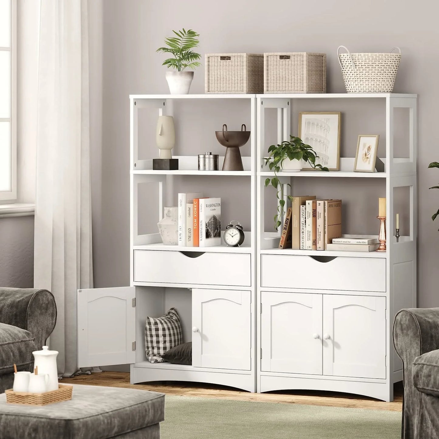 Sideboard Storage Cabinet with Drawer&Shelves, Kitchen Pantry Storage Cabinet with Microwave Space&Cupboard, Modern Freestanding Floor Bathroom Cabinet/Bookshelf for Home Office, White