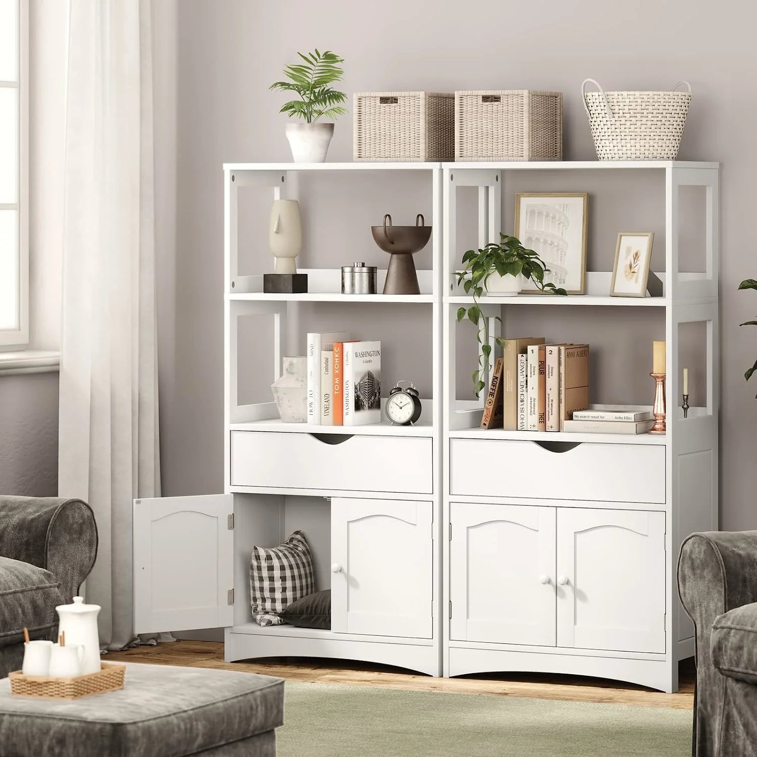Sideboard Storage Cabinet with Drawer&Shelves, Kitchen Pantry Storage Cabinet with Microwave Space&Cupboard, Modern Freestanding Floor Bathroom Cabinet/Bookshelf for Home Office, White