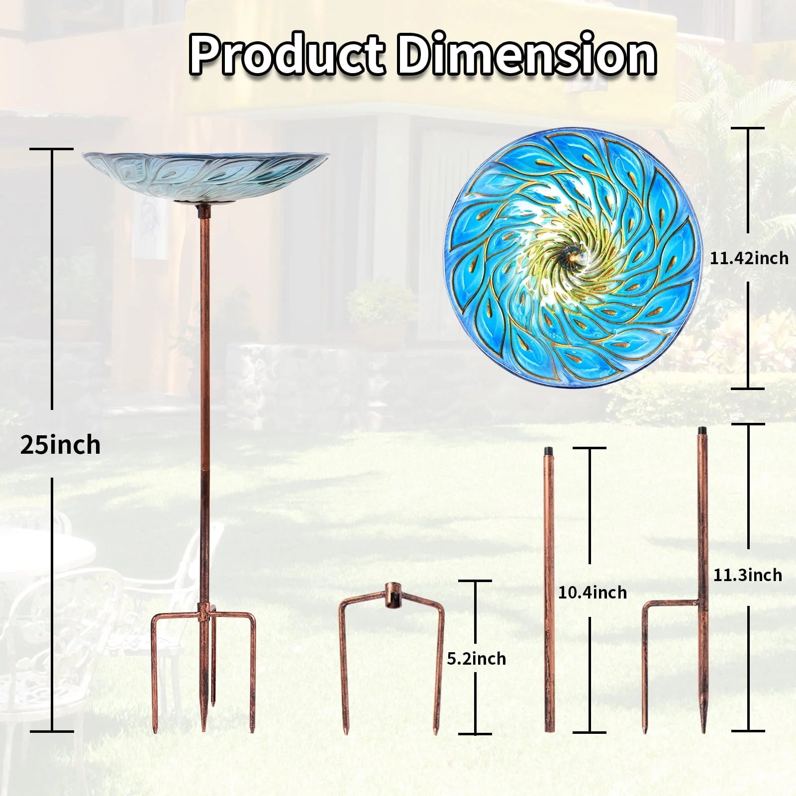 Glass Bird Bath, Garden Outdoor Birdbaths Birdfeeder with Metal Stake Peacock