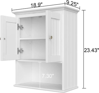 Wood Wall Cabinet, Bathroom Medicine Cabinet Storage with Doors and Adjustable Shelf, Rustic Cabinet Wall Mounted for Bathroom, Livingroom, Kitchen, Cupboard, White