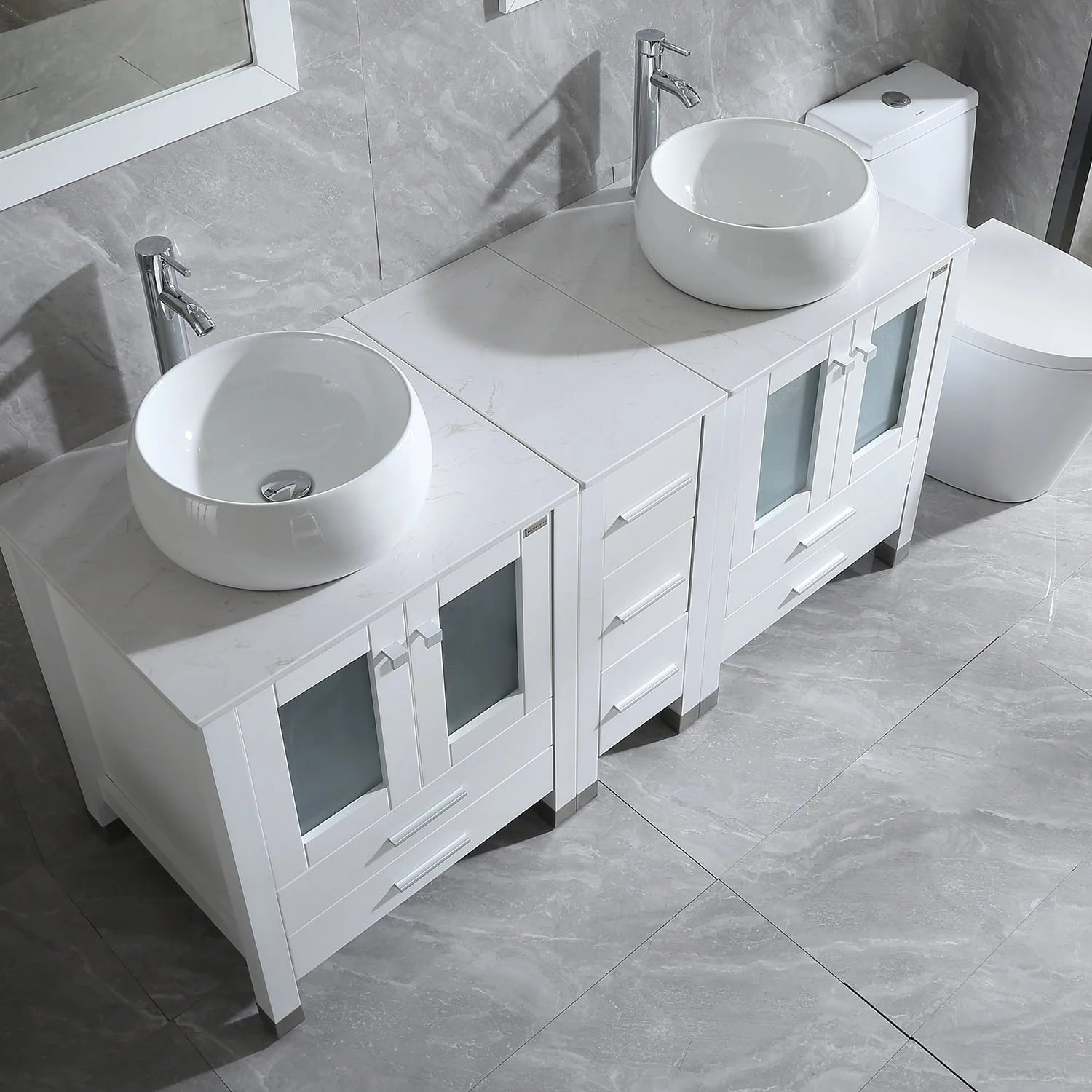 Wonline 60" Bathroom Vanity Wood Cabinet Double Ceramic Sink w/ Mirror White