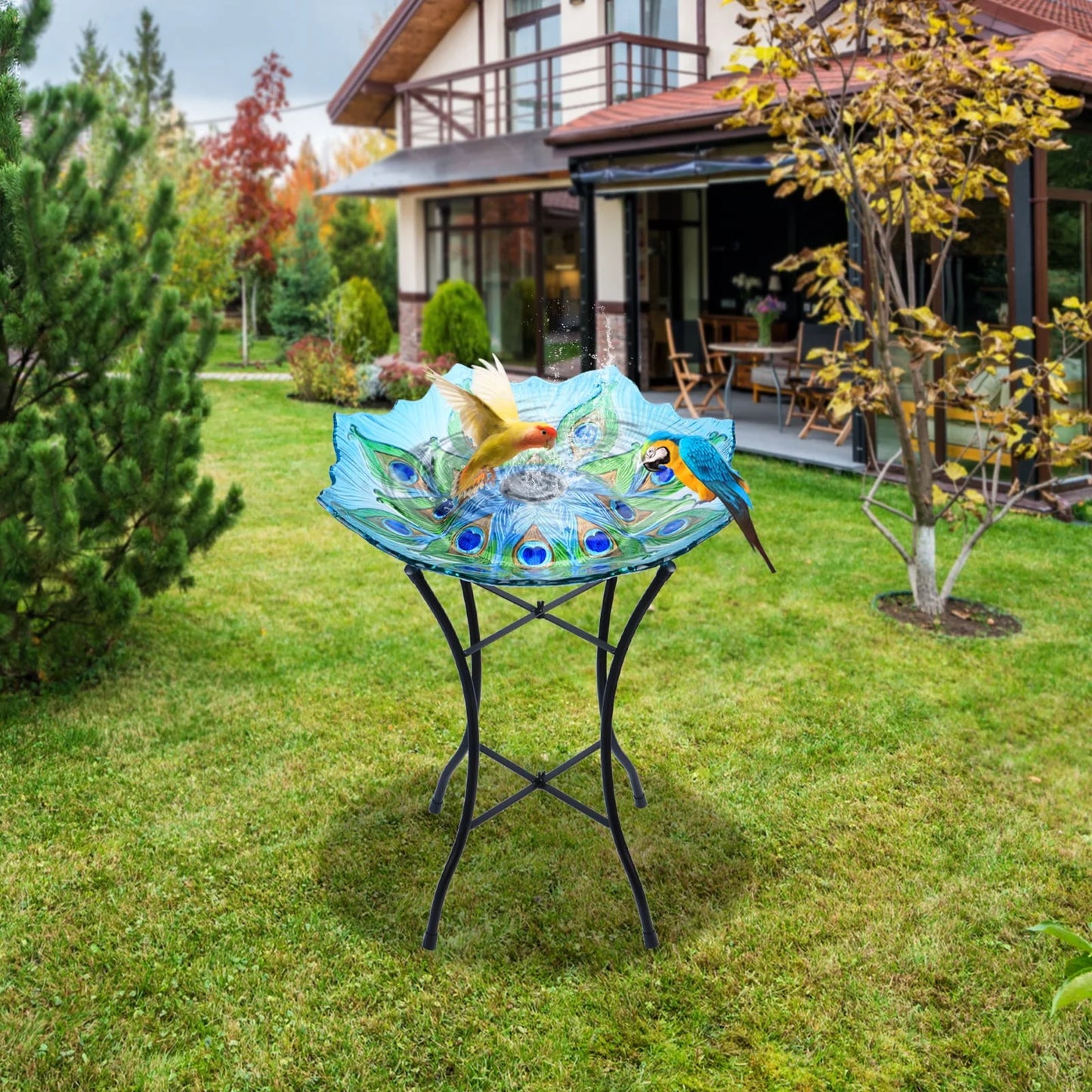 Outdoor Bird Bath with Metal Stand, 21.65" H Peacock Glass Birdbaths with Solar Light for Lawn Yard Garden Decor, 18" Dia