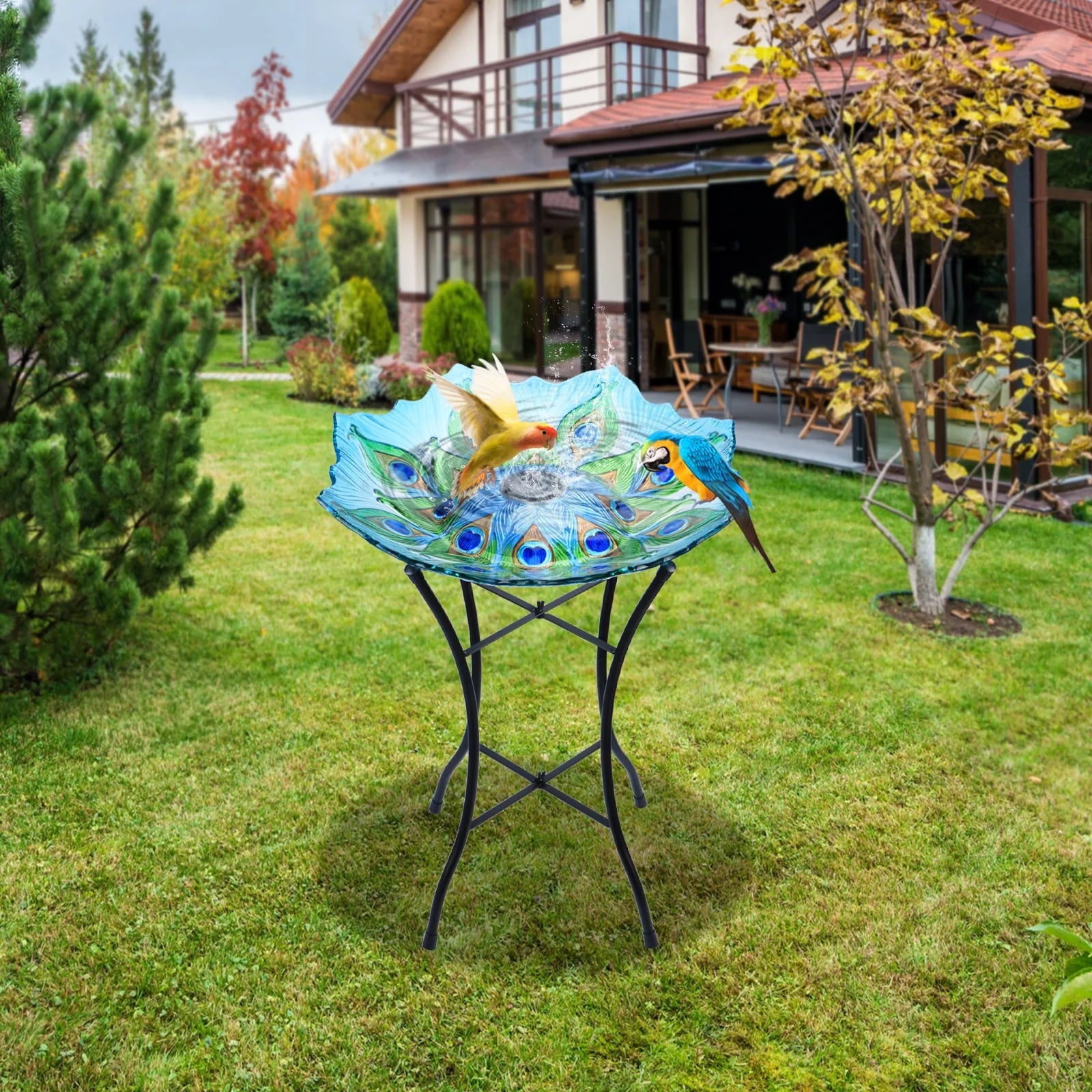 Outdoor Bird Bath with Metal Stand, 21.65" H Peacock Glass Birdbaths with Solar Light for Lawn Yard Garden Decor, 18" Dia