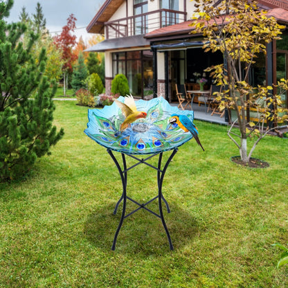 Outdoor Bird Bath with Metal Stand, 21.65" H Peacock Glass Birdbaths with Solar Light for Lawn Yard Garden Decor, 18" Dia