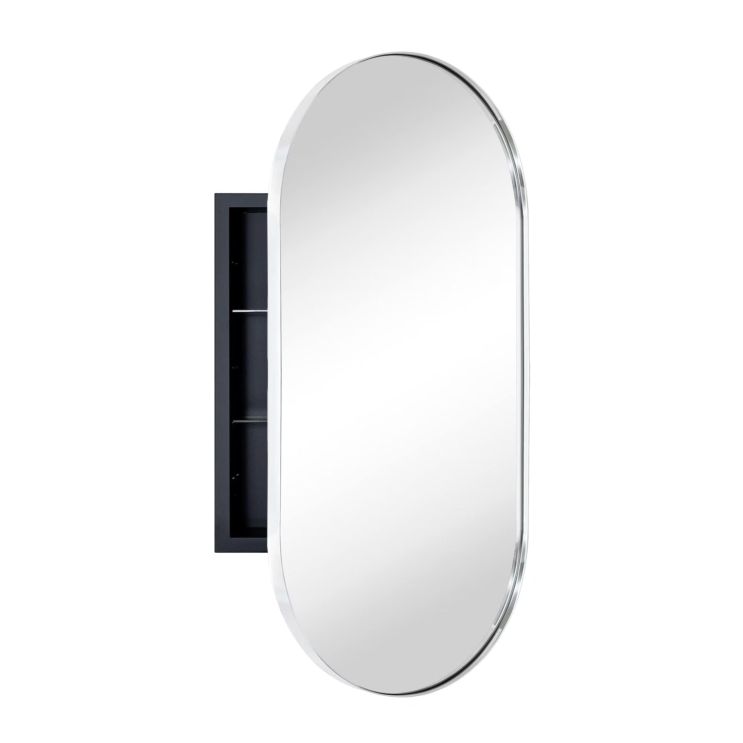 TEHOME Chrome Oval Recessed Bathroom Medicine Cabinet with Mirror Stainless Steel Metal Framed Oblong Pill Shaped Bathroom Cabinet with Mirror 16x33''