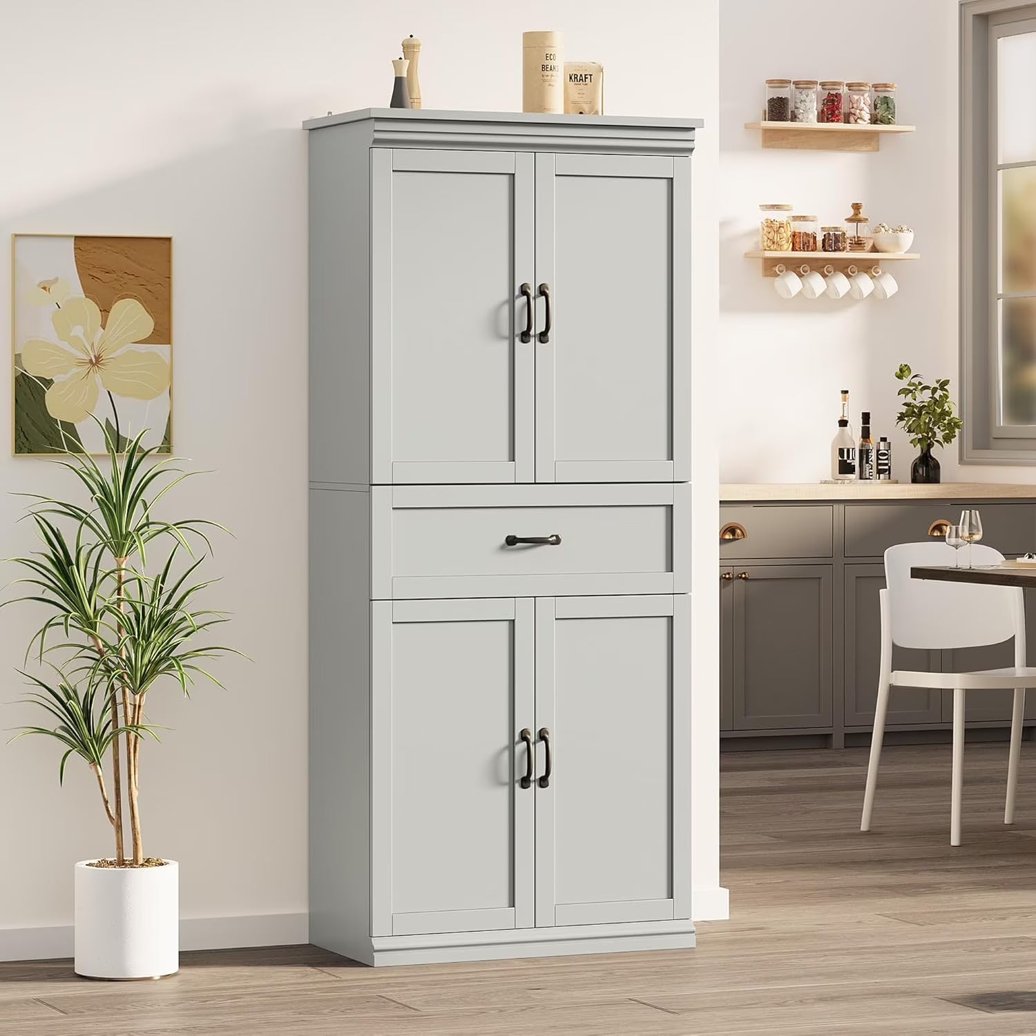 Ataucjin 70" Tall Kitchen Pantry Cabinet, Freestanding Cupboard Kitchen Pantry Storage Cabinet, Freestanding Cupboard with Doors and Adjustable Shelves, for Bathroom, Dining Room, Living Room