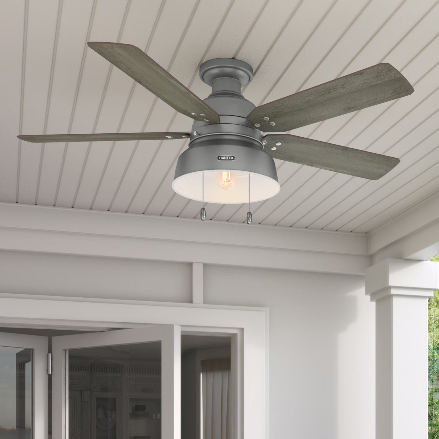 Hunter - Mill Valley Indoor/Outdoor Low Profile Ceiling Fan With Light, 52-inch, Matte Black, Rustic-style, 3-speed WhisperWind Motor, 59310, for porches, patios, sunrooms, bathrooms