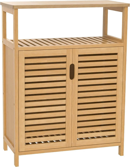 Bamboo Bathroom Storage Cabinet with 2 Doors, Bathroom Floor Freestanding Cabinets Organizer for Living Room, Kitchen, Entryway
