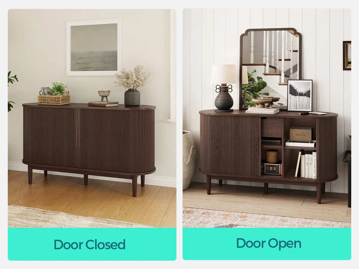 LINSY HOME Fluted Pantry Storage Cabinet, Kitchen Cabinets with Sliding Tambour Door, Wide Storage Cabinet with Removable & Adjustable Shelves for Dining Room, Living Room, Bathroom, Oak