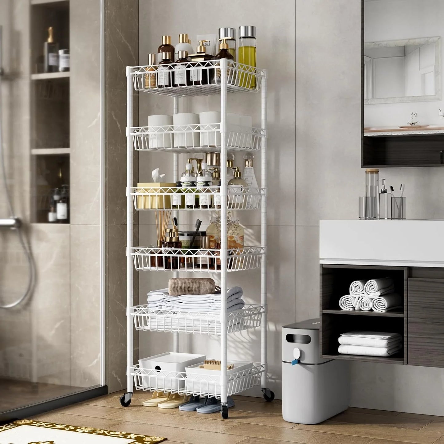 6 Tier Wire Shelving Unit with Wheels Baskets Storage Rack Corner Shelves Adjustable Shelf Closet Bathroom Organizers Metal Pantry Kitchen Garage Laundry Room 13.5" D x 13.5" W x 63" H White