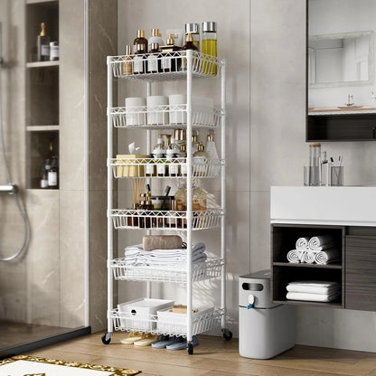 6 Tier Wire Shelving Unit with Wheels Baskets Storage Rack Corner Shelves Adjustable Shelf Closet Bathroom Organizers Metal Pantry Kitchen Garage Laundry Room 13.5" D x 13.5" W x 63" H White