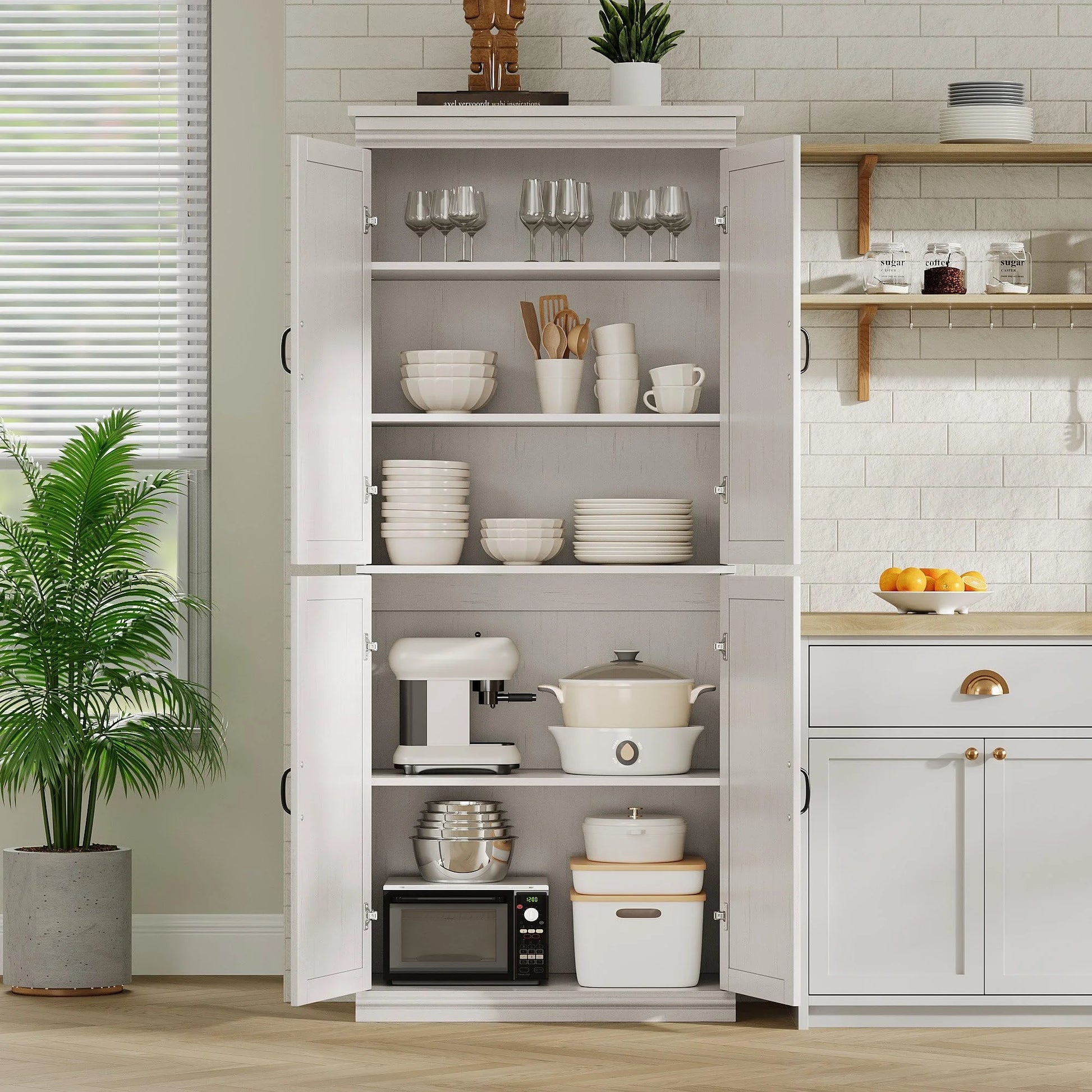 DSstyles Pantry Cabinet, Freestanding Kitchen Pantry Storage Cabinet,70" Cupboard, Tall Storage Cabinet with Doors and Adjustable Shelves, for Bathroom, Dining Room, Living Room, Antique White/Gray