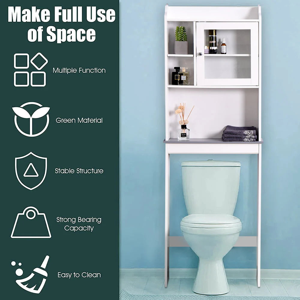 SESSLIFE Bathroom Storage Toilet Space Saver with Shelves and Doors, Modern Over The Toilet Space Saver Organization Wood Storage Cabinet for Home, Bathroom, White