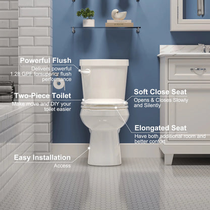 HOROW HWTT-E01S 1.28 GPF Elongated Ceramic Bathroom Toilet, Chair Height Floor Mounted Two-Piece
