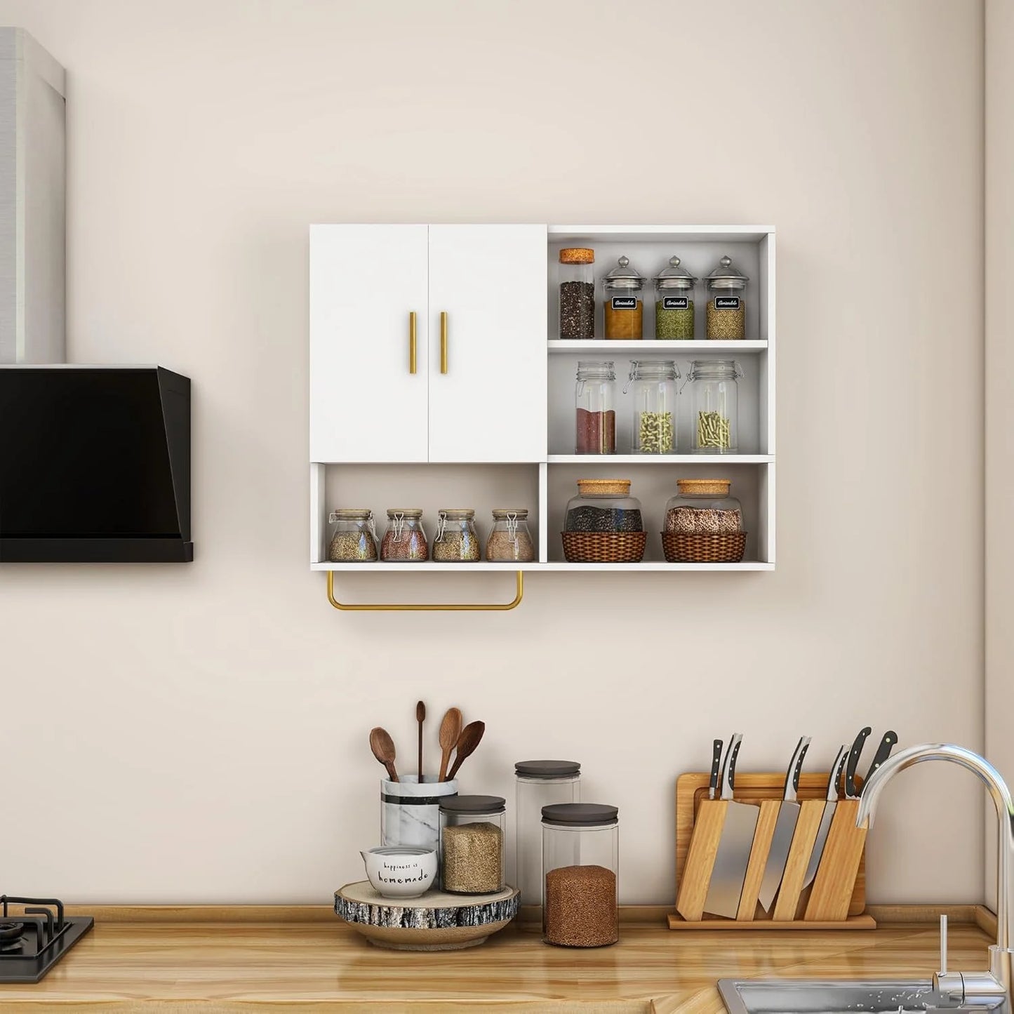 Bathroom Wall Cabinet Solid Wood Large Wall Mounted Medicine Cabinet with 2 Doors and 4 Open Shelves Over Toilet Storage Cabinet with Towel Bar (White)