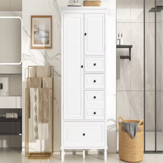 Tall White Storage Cabinet with 4 Drawers & Adjustable Shelves �?Multi-Functional Organizer for Bathroom, Office, Living Room �?Solid Pine & MDF (61.8" Height)
