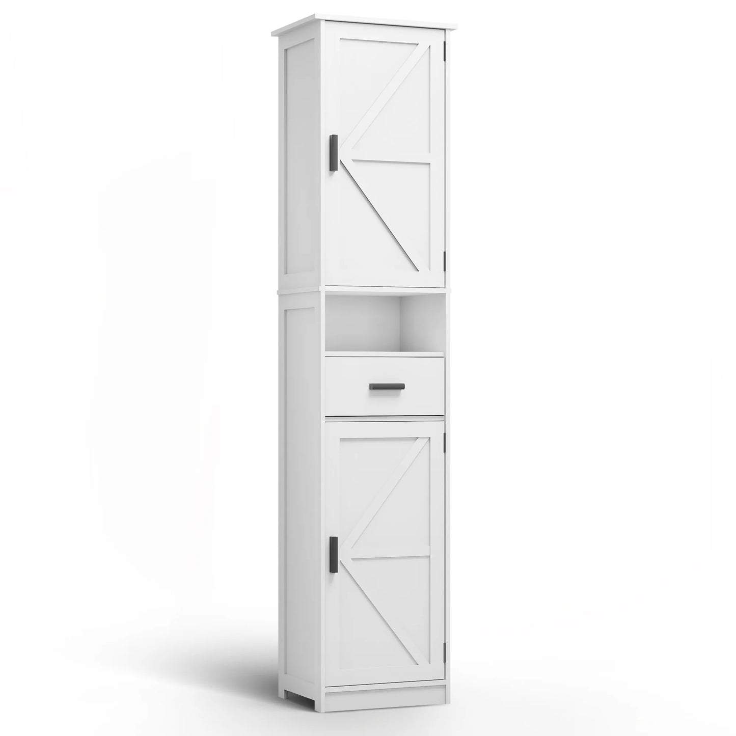PORKISS Floor Storage Cabinet, Wood Pantry Cabinet with Doors and Drawer, Freestanding Narrow Bathroom Storage Organizer with Adjustable Shelves for Kitchen, Bathroom, Living Room, White