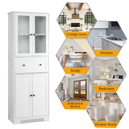 UBesGoo 64"H Pantry Cabinet, Tall Bathroom Closet Storage Organizer, with 2 Glass Doors Cabinets & Large Drawer, for Kitchen Living Room Bedroom Laundry Room Entryway Office, White