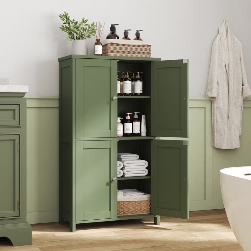 Bathroom Storage Floor Cabinet Organizer with Adjustable Shelf 4 Magnetic Doors 43" Wooden Pantry Cabinet Freestanding for Kitchen Living Room Small Spaces,Brown