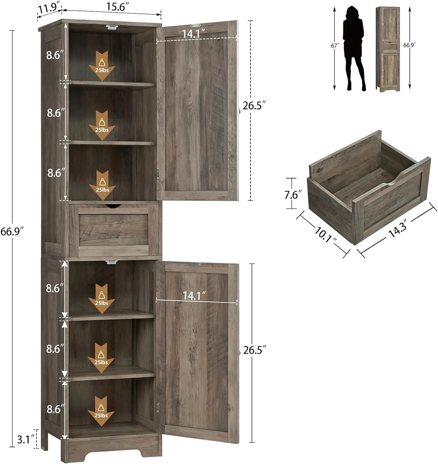67" Tall Storage Cabinet, Bathroom Cabinet with Drawer & Adjustable Shelves, Narrow Storage Cabinet, Floor Cabinet for Living Room, Home Office, Rustic Oak