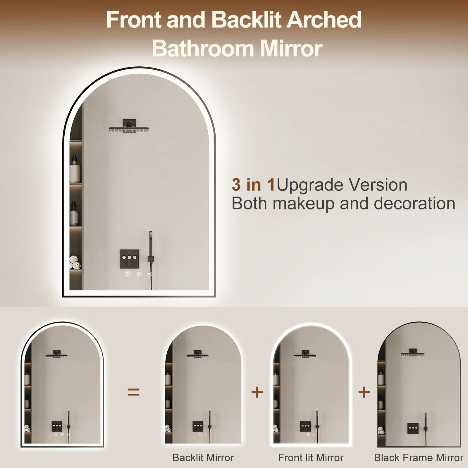 Funtouch Arched LED Bathroom Mirror 20"x30" with Front and Backlight, LED Bathroom Mirror with Lights��Anti-Fog��3 Colors, Memory,Shatterproof,UL Listed