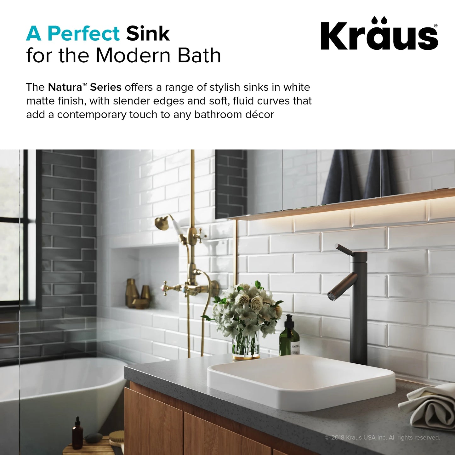 KRAUS Natura Square Semi-Recessed Composite Bathroom Sink with Matte Finish and Nano Coating in White