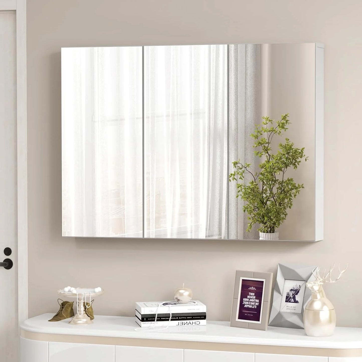 SZWS Mirrored Medicine Cabinet, Large Wide Wall Mounted Storage Cabinet with 3 Mirror Doors & Adjustable Shelf, Hanging Bathroom Organizer, White, 36 x 4.5 x 25.5 Inches