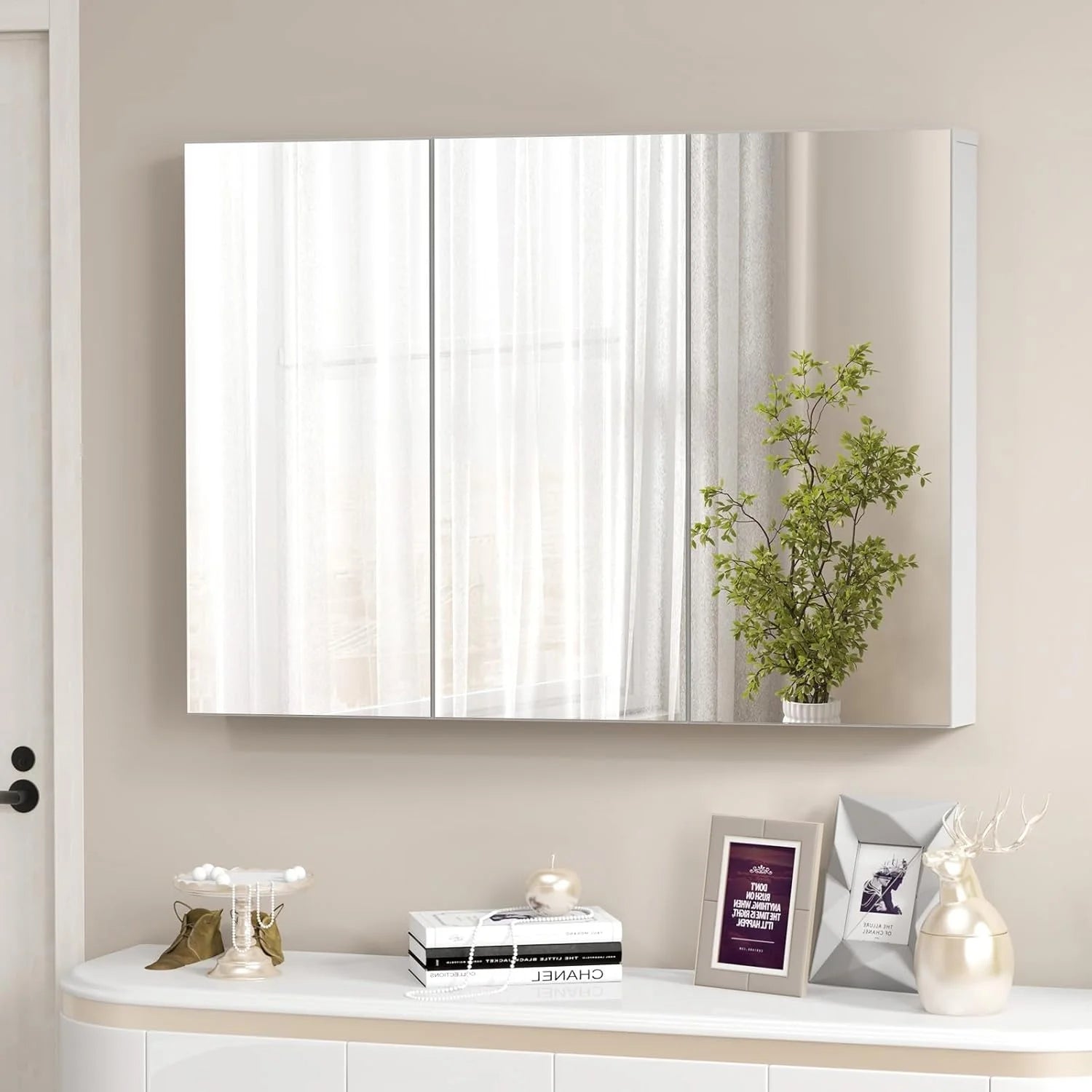 SZWS Mirrored Medicine Cabinet, Large Wide Wall Mounted Storage Cabinet with 3 Mirror Doors & Adjustable Shelf, Hanging Bathroom Organizer, White, 36 x 4.5 x 25.5 Inches