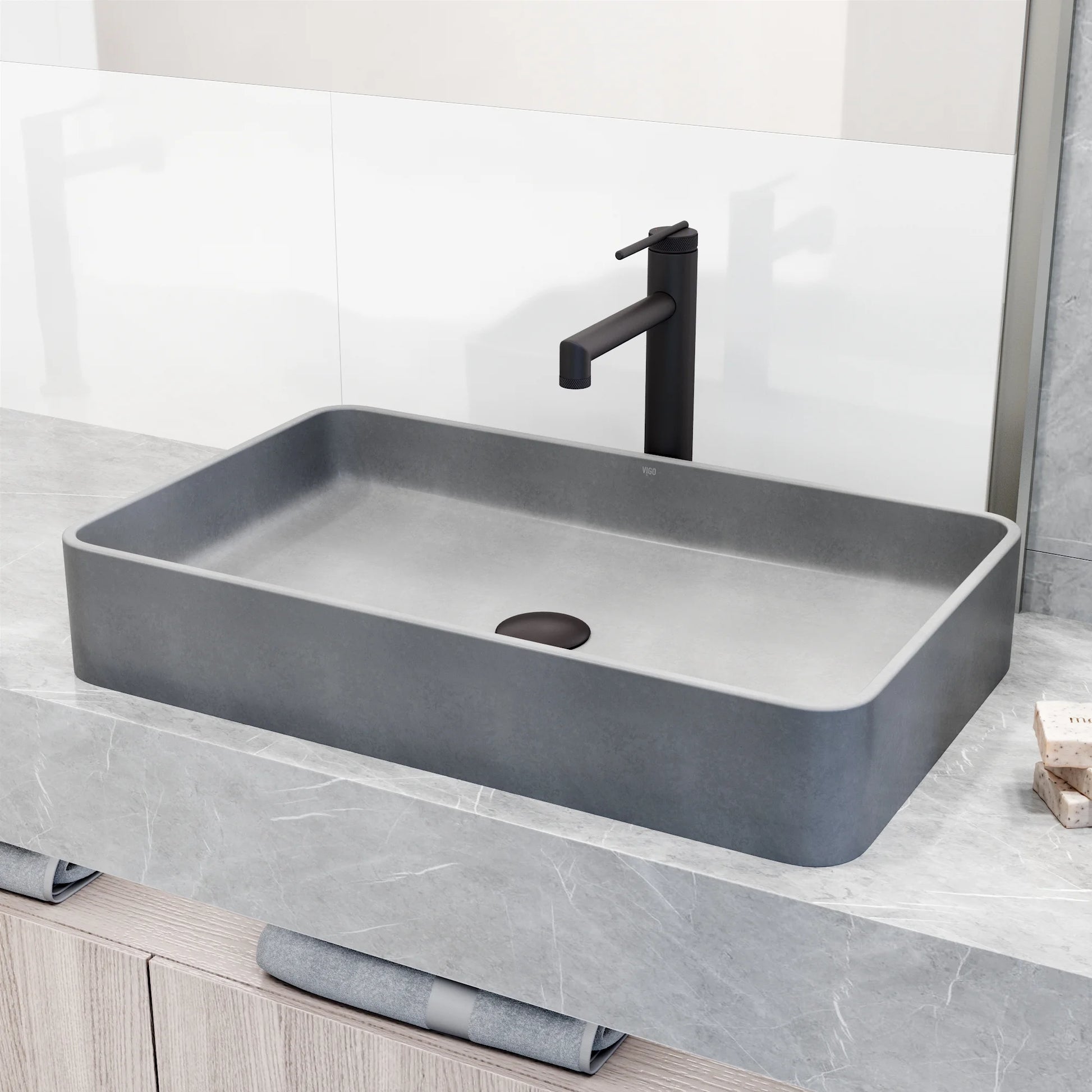VIGO Basilica Gothic Gray Concreto Stone 23 in. L x 14 in. W x 4 in. H Rectangular Vessel Bathroom Sink