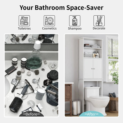 Walsunny Over the Toilet Storage Cabinets Wood Bathroom Organizer Shelf Rack Space Saver with 2 Doors 4 Shelves Anti-Tip Device White