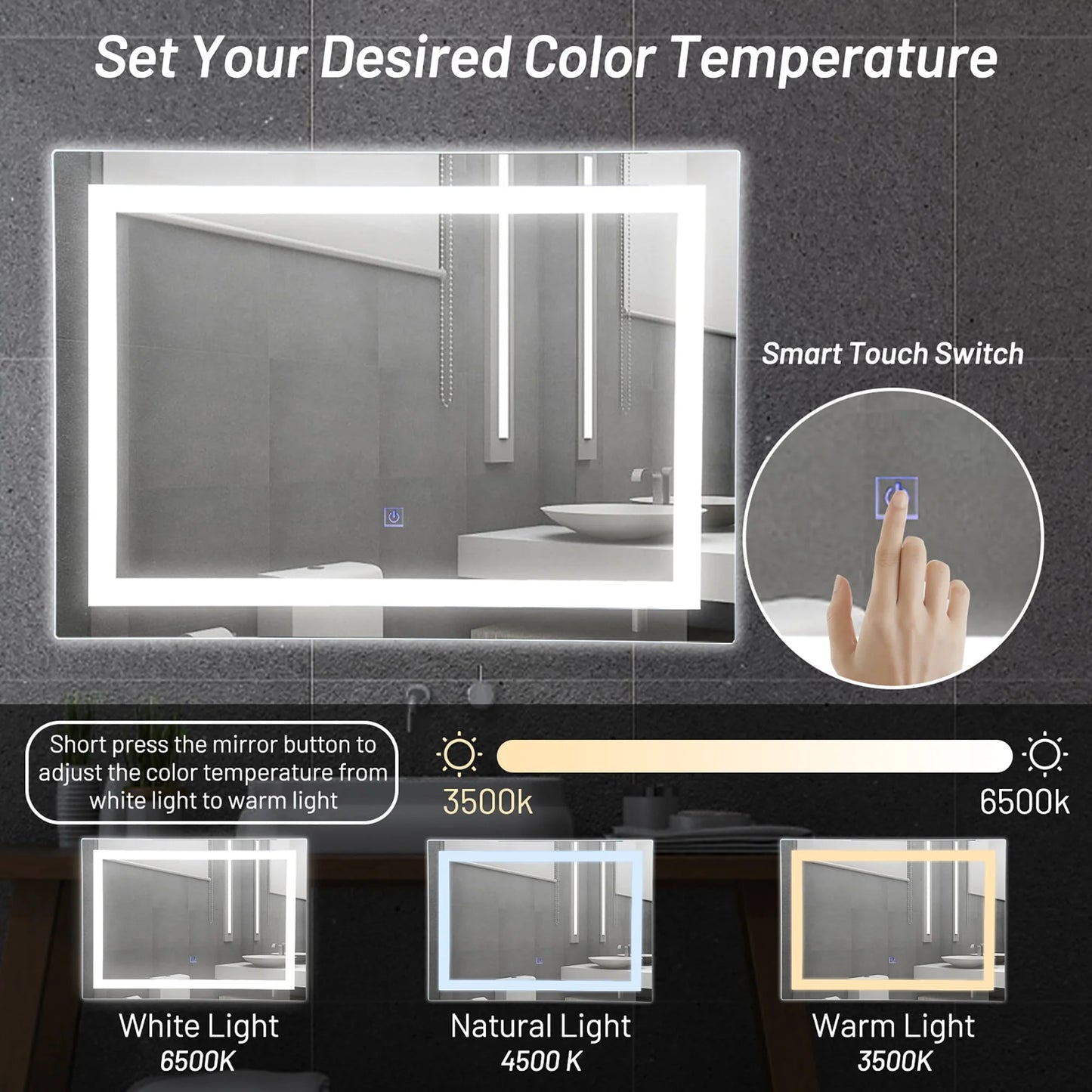 Costway Bathroom LED Mirror Wall-mounted 3-Color Dimmable Touch Button Rectangle