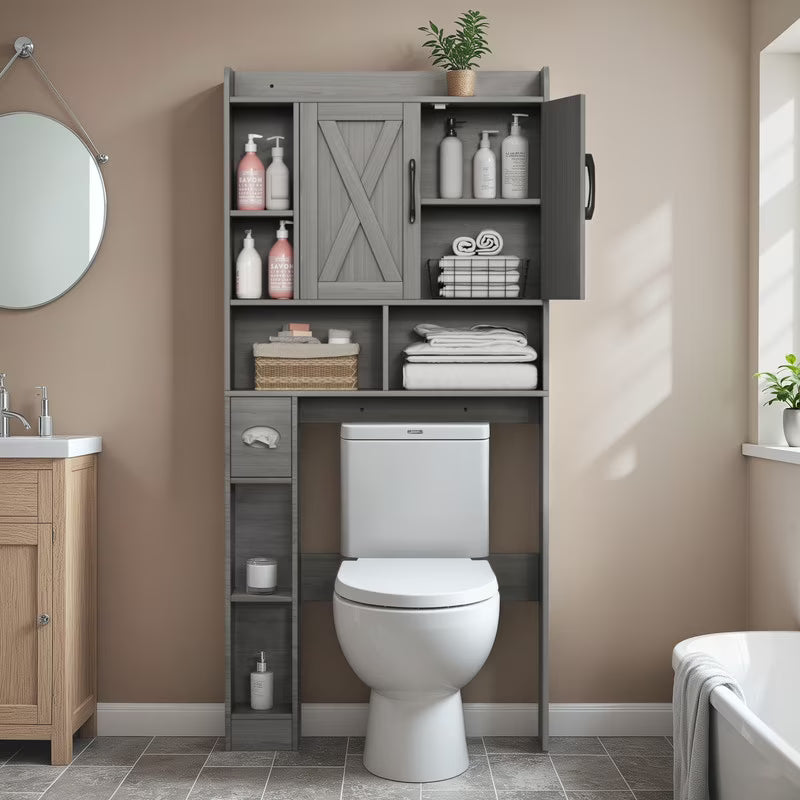 Furmax Farmhouse Style Over The Toilet Storage Cabinet with Barn Doors, Space Saver with Toilet Paper Holder for Bathroom and Restroom, White