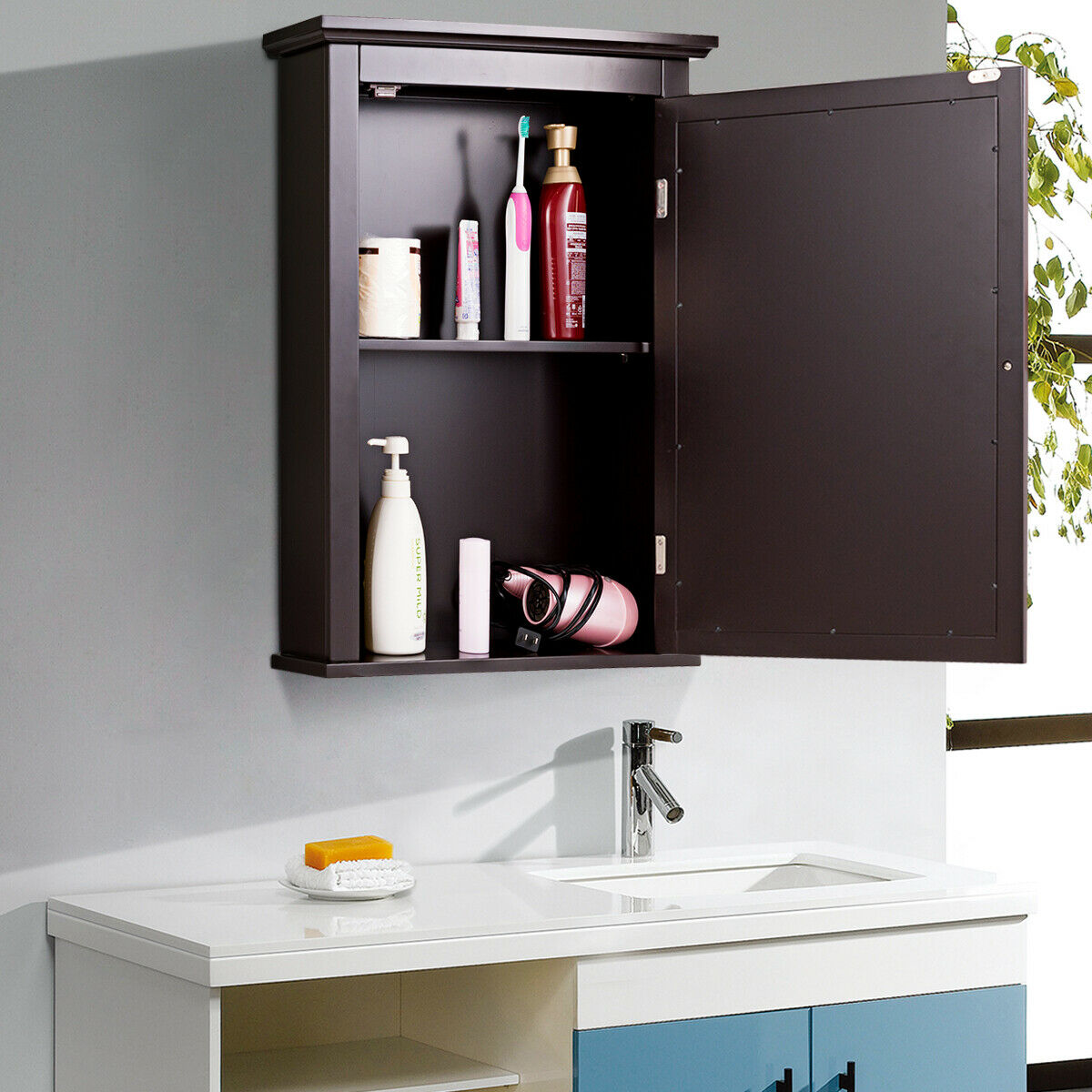 Gymax Bathroom Mirror Cabinet Adjustable Shelf Wall Mounted Medicine Storage Brown