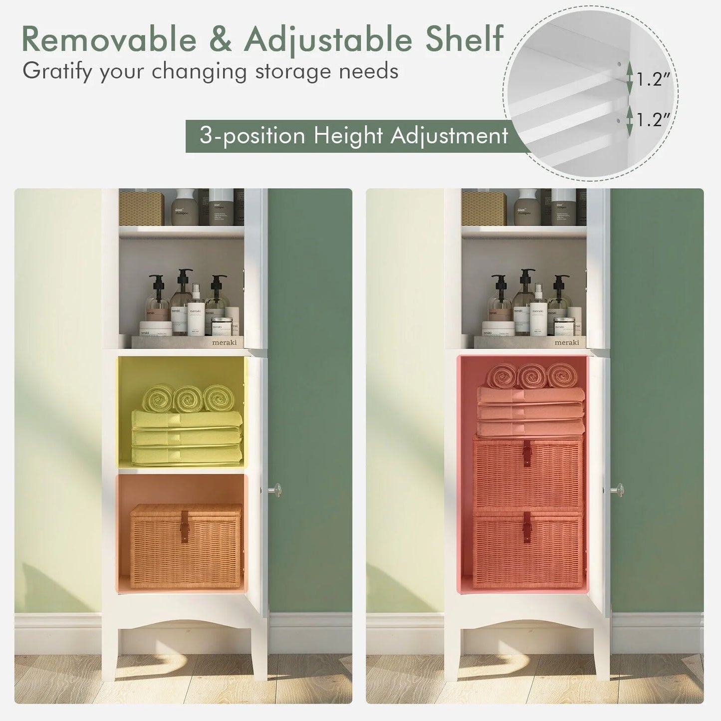 Vicamelia Bathroom Floor Cabinet Narrow Linen Tower w/ 2 Doors & Adjustable Shelf, Tall Kitchen Pantry Cabinet, White