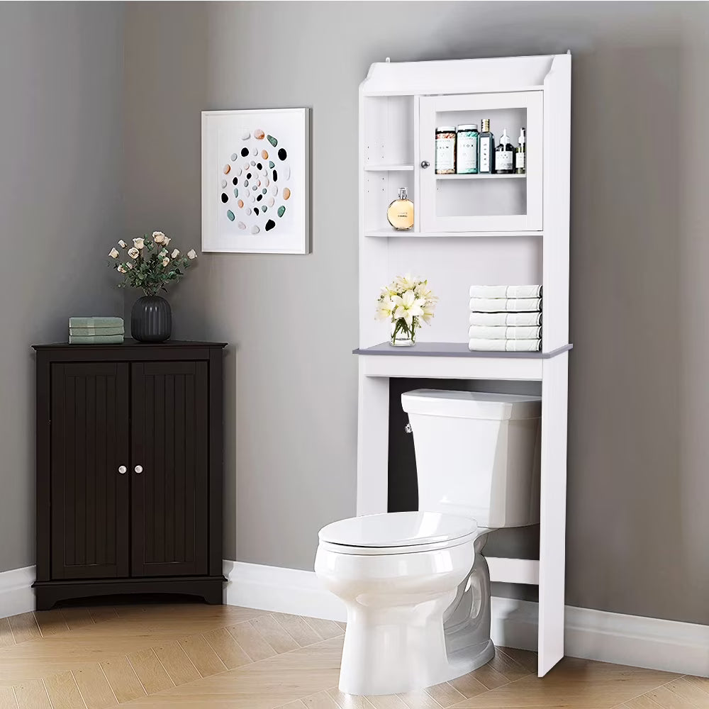 Over-The-Toilet Space Saver, Bathroom Storage Cabinet, Toilet Organizer with Adjustable Shelves and Door Cabinet, Wooden Behind Toilet Storage for Space Saving, Easy Assembly - White, K3822