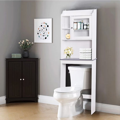 Over-The-Toilet Space Saver, Bathroom Storage Cabinet, Toilet Organizer with Adjustable Shelves and Door Cabinet, Wooden Behind Toilet Storage for Space Saving, Easy Assembly - White, K3822