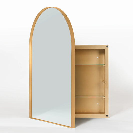 Soges 36" x 24" Arched Bathroom Mirror Cabinet Medicine Cabinet with 2 Adjustable Shelves, Recess or Surface Mounted Installation,,Gold