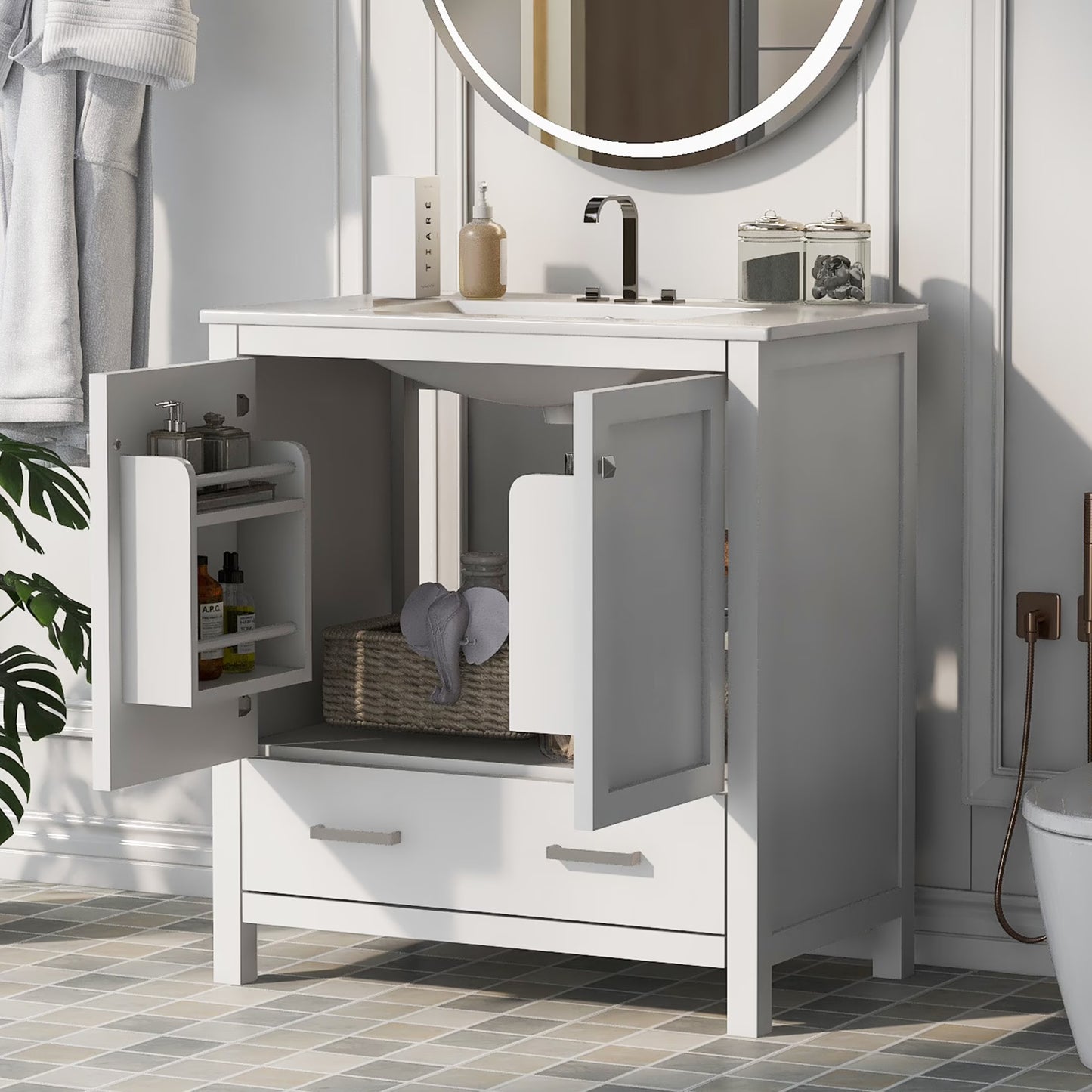 Zolaris Modern Bathroom Vanity with Ceramic Sink, Shelves, Drawers, Wood, Gray