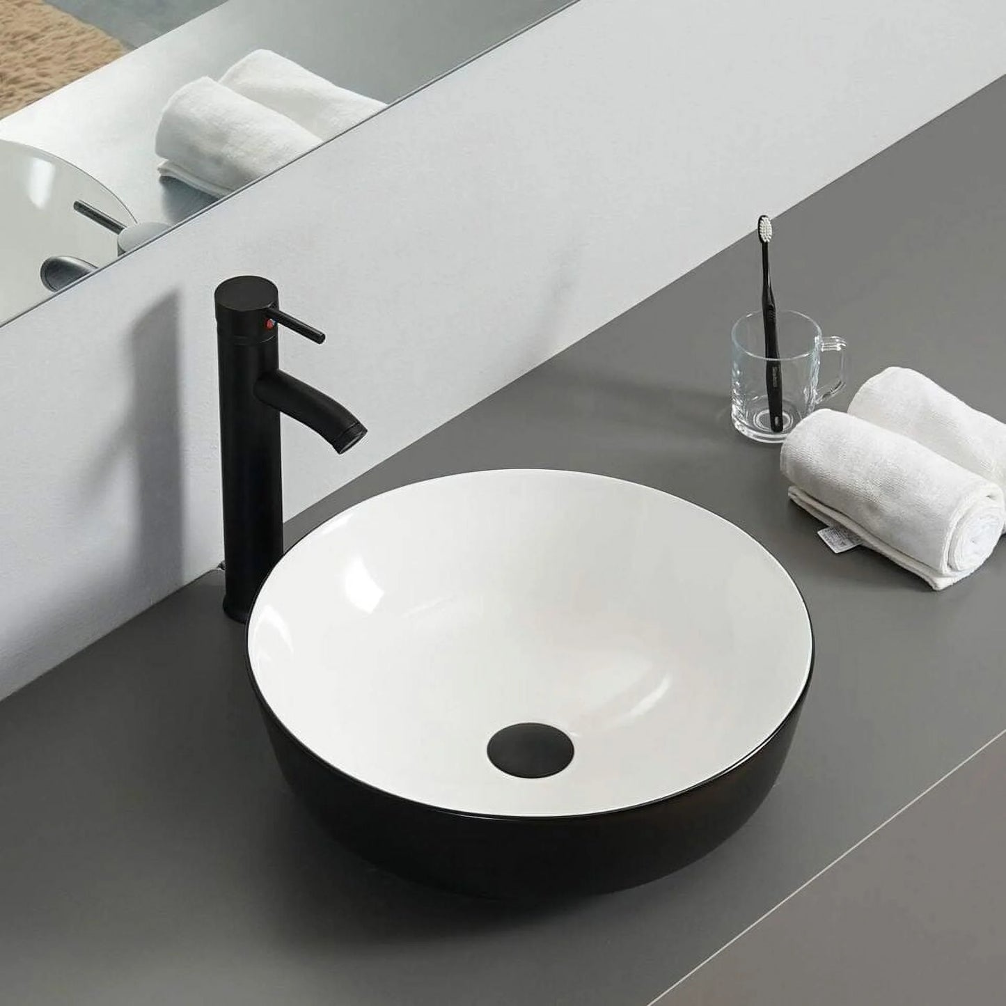 ELECWISH Black and White Ceramic Square Bathroom Sink Vessel Sink with Black Faucet and Pop up drain Combo, Round