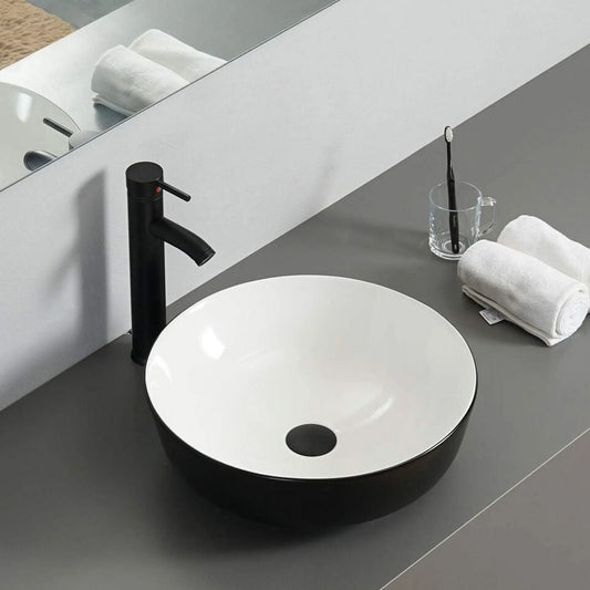 ELECWISH Black and White Ceramic Square Bathroom Sink Vessel Sink with Black Faucet and Pop up drain Combo, Round