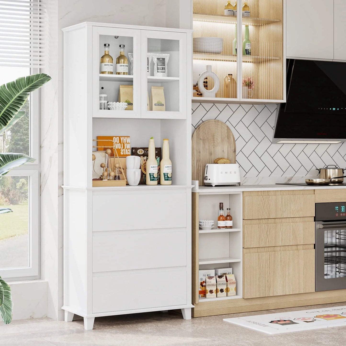 Homfa 3-Drawer Kitchen Storage Cabinet, 76.6'' Tall Cabinet with Clear Glass Door for Bathroom, White